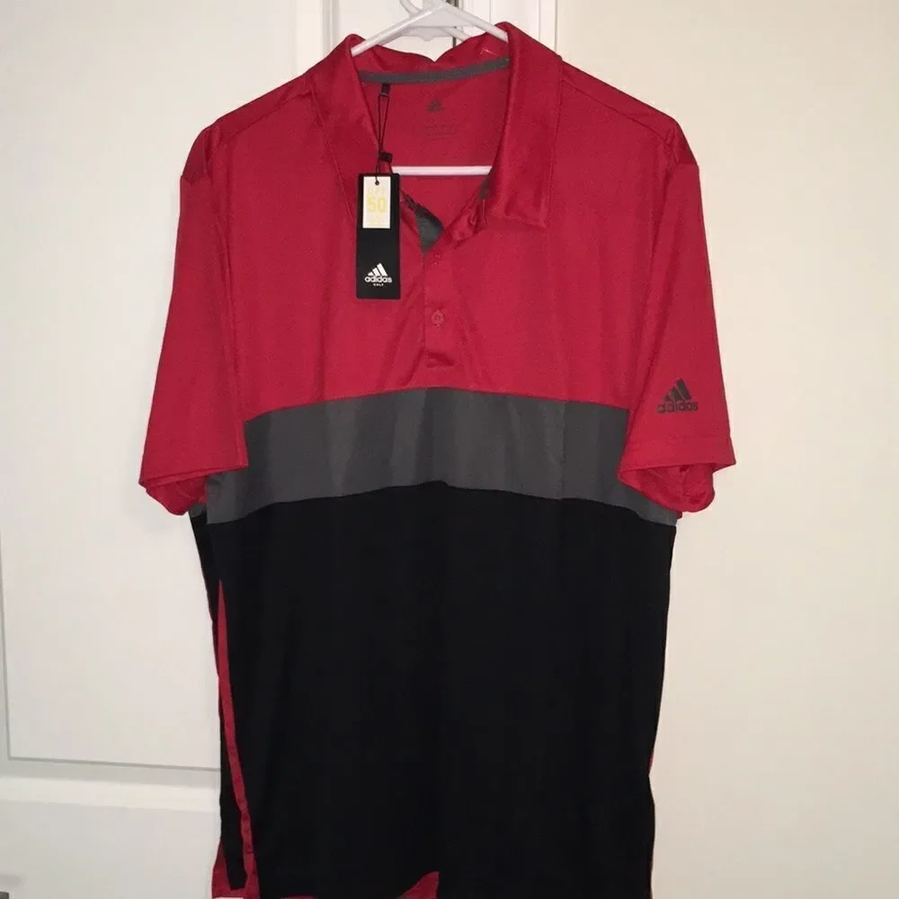New Adidas Color Block Sunday Red Gray Black Golf Polo Shirt L 50 upf coverage